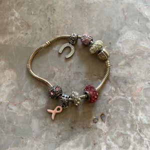 Pandora Silver Charm Bracelet Pink Ribbon Horseshoe Pavé Crystal Beads Clasp‎